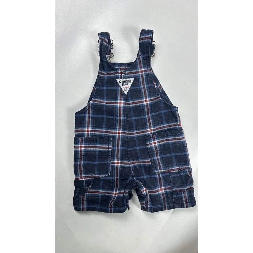 Osh Kosh B'gosh Boys Overall Shorts 9 Months VESTBAK Plaid Blue Red White